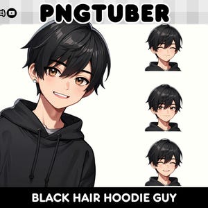 May include: A digital illustration of a young person with black hair wearing a black hoodie. The person is shown with four different facial expressions: smiling, winking, surprised, and neutral.