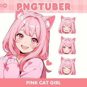 May include: A pink cat girl anime character with pink hair and white cat ears. She is wearing a pink sweater and has a happy expression. The image also includes four different expressions of the character's face.