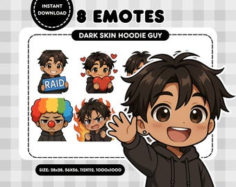 Chibi Dark Skin Hoodie Guy Twitch Emotes: Gamer PNG Pack (Digital Download)