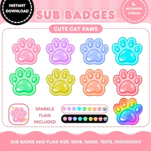 Emblemas do Twitch Pastel Paw: Recursos de transmissão Kawaii (9 PNGs)