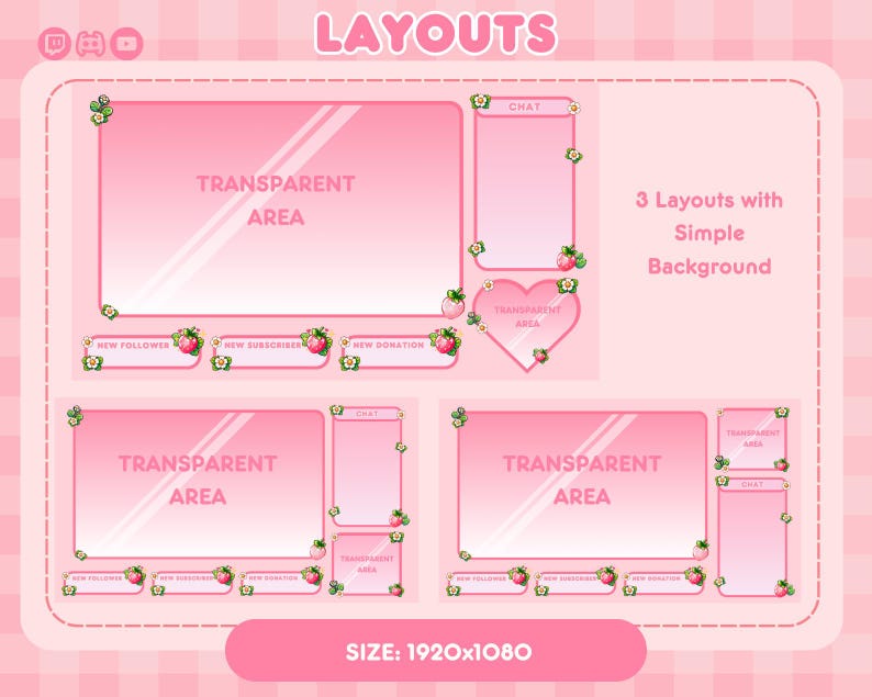 Stream Layout Pink Strawberry Stream Pack: Pink Animated Twitch Vtuber Overlay (digital ...