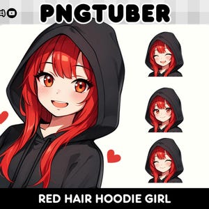 May include: A digital illustration of a red-haired girl wearing a black hoodie. The girl has a bright red, long, straight hairstyle. She is smiling and looking at the viewer. The image is set against a white background. The text "PNGTUBER" is at the top of the image. The text "RED HAIR HOODIE GIRL" is at the bottom of the image.