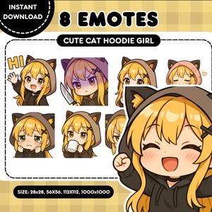 かわいい猫娘のTwitch絵文字 | ちびアニメ絵文字セット | 黒パーカーの女の子絵文字 | すぐにダウンロード