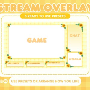 May include: A yellow and white checkered background with a yellow frame. The frame has a white background with the text "STREAM OVERLAY" in large yellow letters at the top. Below the text is "3 READY TO USE PRESETS". The frame is divided into four sections: "GAME", "CHAT", "WEBCAM", and three smaller sections labeled "NEW FOLLOWER", "NEW SUBSCRIBER", and "NEW DONATION". The frame is decorated with sunflower graphics.