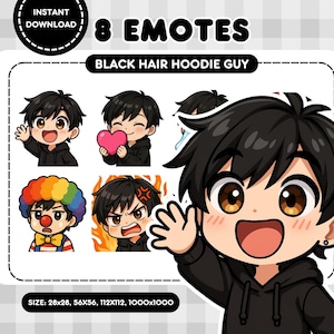 Chibi Anime Boy Twitch Emotes | Black Hair Male Emotes | Cute E-Boy Emote Set | Instant Download
