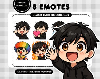 Chibi Anime Boy Twitch Emotes | Black Hair Male Emotes | Cute E-Boy Emote Set | Instant Download