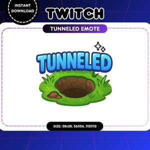Può includere: Grafica digitale per Twitch con la parola "TUNNELED" in blu, sopra un'entrata di tunnel a fumetti in erba verde. Include il testo "INSTANT DOWNLOAD" e le dimensioni.