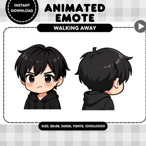 Puede incluir: Emoticono animado de una persona con cabello negro y una sudadera con capucha negra que se va. El emoticono está disponible en varios tamaños, incluyendo 28x28, 56x56, 112x112 y 1000x1000 píxeles.