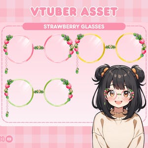 May include: A set of two pairs of round glasses with strawberry and leaf embellishments. The glasses are pink, gold, and green. The text "VTUBER ASSET" and "STRAWBERRY GLASSES" is at the top of the image.