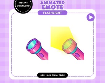 May include: Animated emote of a pink and teal flashlight. The flashlight is shown both off and on, with a yellow beam of light emanating from the lens. The image includes the text "Animated Emote" and "Flashlight".