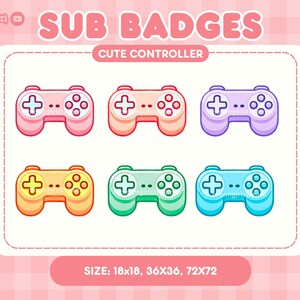 May include: A set of six digital game controller icons in pink, peach, purple, yellow, green, and blue. The image features the text SUB BADGES, CUTE CONTROLLER, and SIZE: 18x18, 36x36, 72x72. Each controller has a directional pad and four buttons.