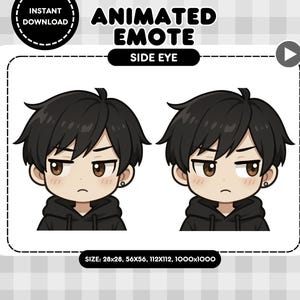 Puede incluir: Emoticón animado con una expresión de ojo lateral. La imagen muestra dos personajes de dibujos animados idénticos con cabello negro, ojos marrones y sudaderas con capucha negras. También se ve el texto "DESCARGA INSTANTÁNEA" y "EMOTICÓN ANIMADO".