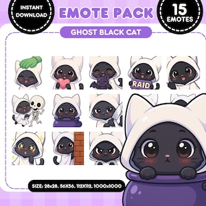 Halloween Black Cat Ghost Twitch Emotes: Kawaii Spooky Pack