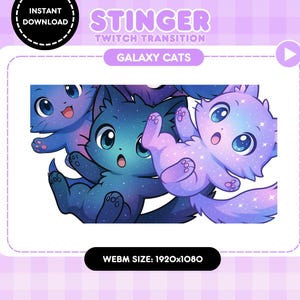 Puede incluir: Gráfico digital con tres gatos de dibujos animados con temática de galaxia. Los gatos son en tonos azules y morados, con detalles de estrellas. La imagen incluye el texto "Stinger Twitch Transition" y "Galaxy Cats."