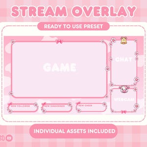 Op de afbeelding: Een roze stream overlay ontwerp met de tekst "STREAM OVERLAY" bovenaan. De overlay bevat secties voor "GAME", "CHAT" en "WEBCAM", met bloemen- en strikaccenten. De woorden "READY TO USE PRESET" en "INDIVIDUAL ASSETS INCLUDED" zijn ook zichtbaar.