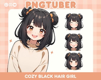 Cozy Black Hair Girl PNGTuber: Premade Streaming Avatar (Digital Download)