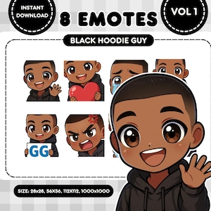 Pode incluir: Download digital de oito emotes com um rapaz de desenho animado com capuz preto com várias expressões. Os emotes incluem uma mão acenando, um coração, lágrimas e uma cara zangada. A imagem inclui o texto "8 EMOTES" e "BLACK HOODIE GUY".