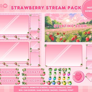 Strawberry Full Stream Pack | Pink Cute Twitch & Vtuber Overlay Bundle | Animated Screens, Panels, Badges and More