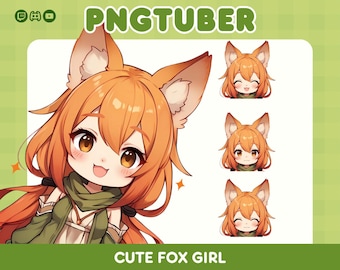 May include: A digital illustration of a fox-themed character with orange hair, large ears, and brown eyes, wearing a green scarf and white top. The image includes the text PNGTUBER and CUTE FOX GIRL, featuring three smaller variations of the character.