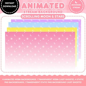 May include: Animated stream background with scrolling moon and stars. The design features a pink, yellow, blue, and purple gradient with white stars and crescent moons. Includes the text "Instant Download" and "Moongirl Stream".