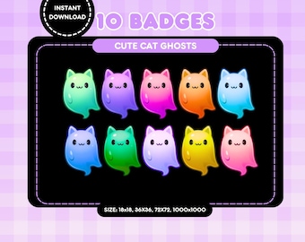 Puede incluir: Un gráfico de descarga digital con diez insignias de fantasmas de gatos de colores. Cada insignia tiene un color único, incluyendo verde, morado, rosa, naranja, azul y amarillo. Se muestra el texto "10 BADGES" y "CUTE CAT GHOSTS".