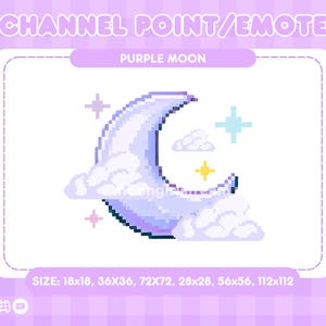 Puede incluir: Luna en pixel art púrpura con nubes y estrellas. El texto "CHANNEL POINT/EMOTE" y "PURPLE MOON" están en la parte superior de la imagen. El texto "SIZE: 18x18, 36X36, 72X72, 28x28, 56x56, 112x112" está en la parte inferior de la imagen.