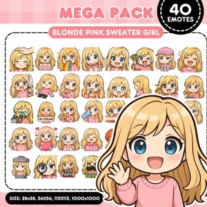 Può includere: Un pacchetto di arte digitale con 40 emoticon di una ragazza bionda con un maglione rosa. Le emoticon mostrano varie espressioni e azioni, con sovrapposizioni di testo come "GG", "CAP" e "RAID". Il pacchetto è etichettato come "MEGA PACK" e "BLONDE PINK SWEATER GIRL".
