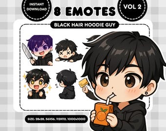 Chibi Black Hair Boy Twitch Emotes – Volume 2 | Cute Anime Streamer Emote Set for Discord & Vtubers | Instant Download