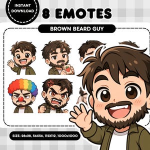 Brown Hair Beard Guy Twitch Emotes: Chibi Streamer Set (Digital Download)