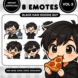 Könnte beinhalten: Satz von acht digitalen Cartoon-Emojis mit einem schwarzhaarigen Mann, der ein schwarzes Kapuzenpullover trägt. Der Mann wird mit verschiedenen Gesichtsausdrücken gezeigt, darunter ein überraschter Ausdruck, ein glücklicher Ausdruck, ein trauriger Ausdruck und ein verwirrter Ausdruck. Die Emojis sind in verschiedenen Größen erhältlich, darunter 28x28, 56x56, 112x112 und 1000x1000 Pixel.