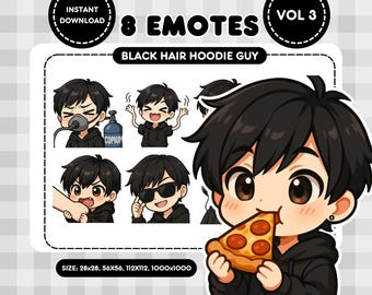 Anime Black Hair Boy Twitch Emotes: Copium, Pizza