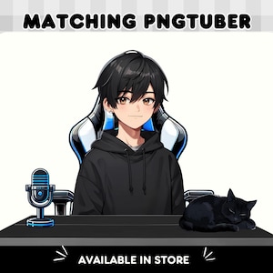 May include: Digital illustration of an anime-style character in a black hoodie, seated in a gaming chair. A black cat rests on the desk. A microphone is visible. Text reads "MATCHING PNGTUBER" and "AVAILABLE IN STORE".