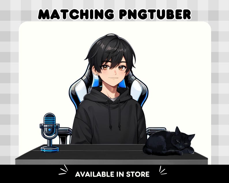 May include: Digital illustration of an anime-style character in a black hoodie, seated in a gaming chair. A black cat rests on the desk. A microphone is visible. Text reads "MATCHING PNGTUBER" and "AVAILABLE IN STORE".