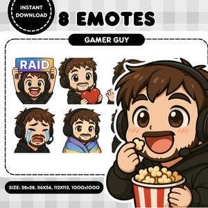 Chibi Gamer Guy Emotes: Brown Hair, Bearded - 8 PNG Set (Digital Download)