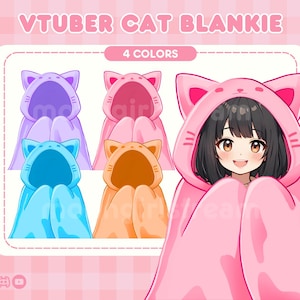Puede incluir: Una manta rosa con forma de gato con una niña de dibujos animados que la lleva puesta. La manta tiene una capucha con orejas de gato y una cara. Se muestran cuatro variaciones de color de la manta: morado, azul, naranja y rosa.