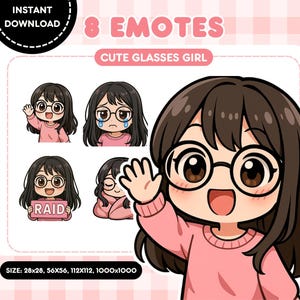 かわいいメガネっ娘のTwitch絵文字 | オタクちび絵文字パック | TwitchとDiscordのストリーマー絵文字 | すぐにダウンロード