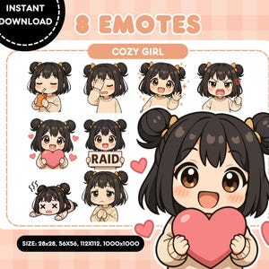 心地よい黒髪の女の子の Twitch 絵文字 | かわいい茶色の目のちびの絵文字 | 心地よい PNG ストリーマー パック | Discord 絵文字
