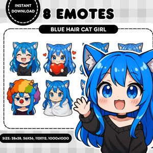 Blue Cat Girl Twitch Emotes: Chibi Anime Vtuber Set (Instant Download)