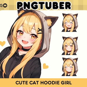 Cute Chibi Cat Girl in Black Hoodie PNG Tuber, Blonde Hair Chibi Avatar, Premade Model, Veado Tube Model, GIF Tuber, Discord, Steamer