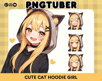 Puede incluir: Una ilustración digital de una linda chica de anime con cabello rubio que lleva una sudadera negra con orejas de gato. La chica tiene una expresión feliz y se muestra en cuatro poses diferentes. El texto "PNGTUBER" está en la parte superior de la imagen y "CUTE CAT HOODIE GIRL" en la parte inferior.