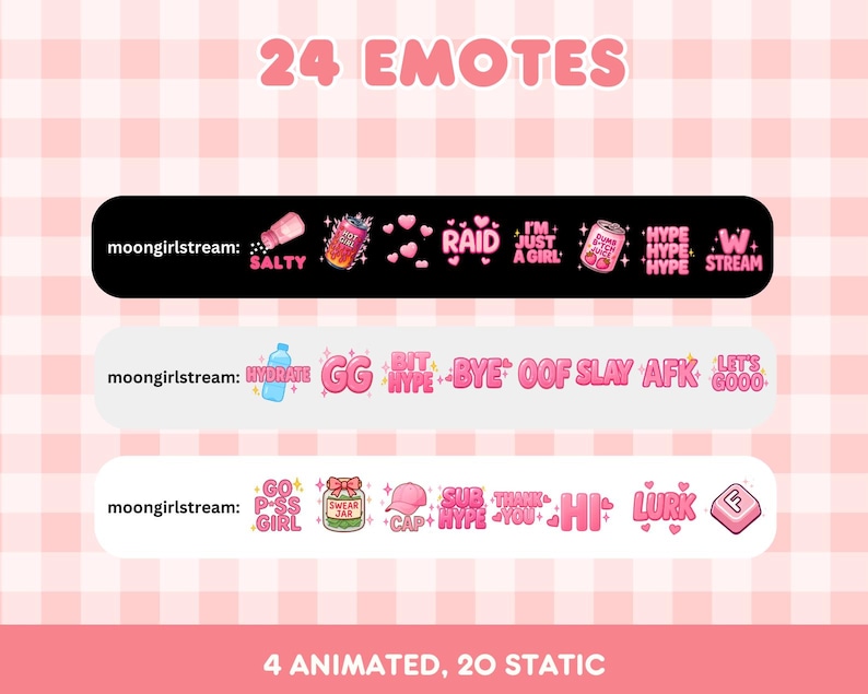 Twitch-emotes med rosa flickor: Animerade ord och statiska emotes (digital nedladdning) bild 4