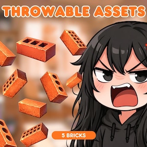 Könnte beinhalten: Eine Illustration mit dem Text "THROWABLE ASSETS" über orangefarbenen Ziegeln. Eine Zeichentrickfigur mit schwarzen Haaren und einem wütenden Gesichtsausdruck ist im Vordergrund. Der Text "5 BRICKS" befindet sich unten.