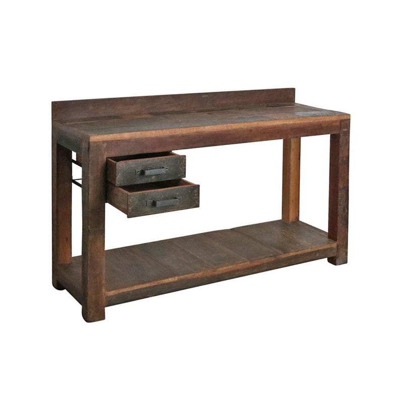 May include: A dark brown wooden console table with two drawers and a lower shelf. The table has a raised back and is made from thick planks of wood, displaying the natural grain. The overall design is rustic and sturdy.