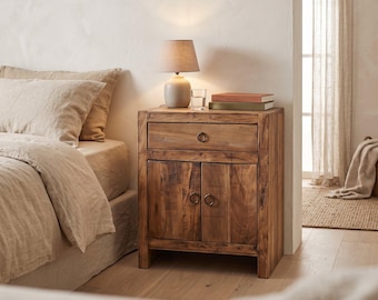 Nachttisch aus Altholz mit Schublade und 2 Türen, Nachtschrank 50 cm Grainwood