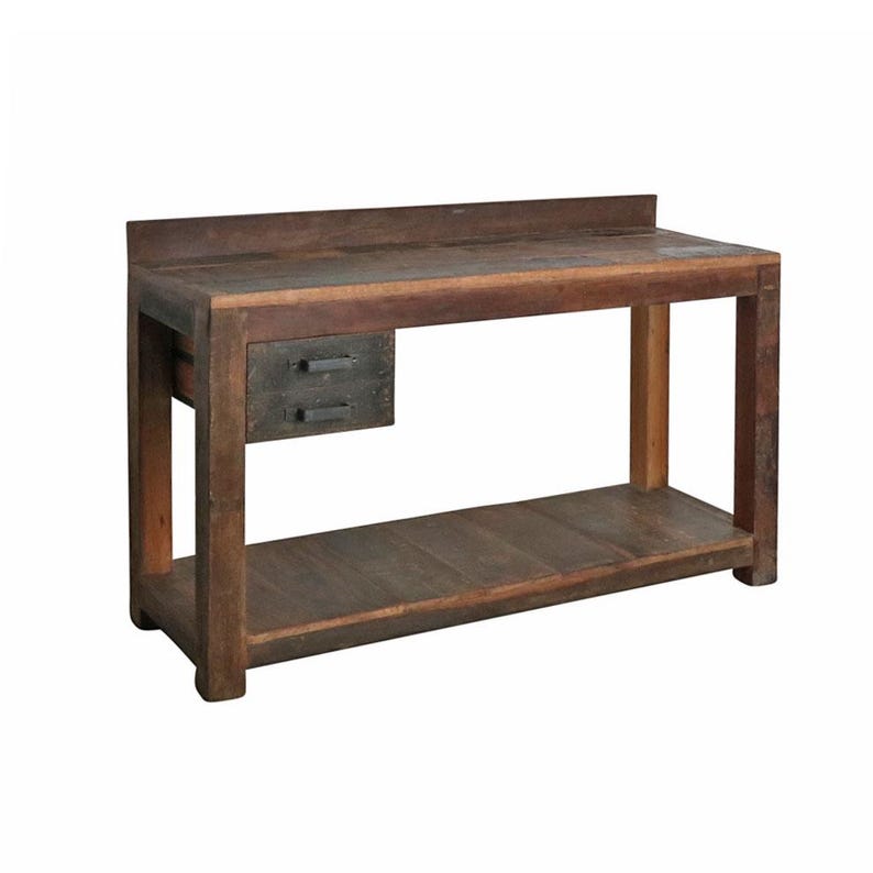 May include: A dark brown wooden console table with a rustic finish. It has a lower shelf and a small drawer with two metal handles. The table's design is simple and robust, suitable for various home decor styles.