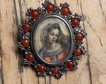 Antique signed pendant brooch of the Virgin Mary with coral