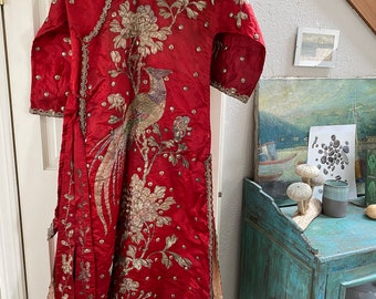 Antique Petite Chinese Red Silk Embroidered Robe Metallic Thread