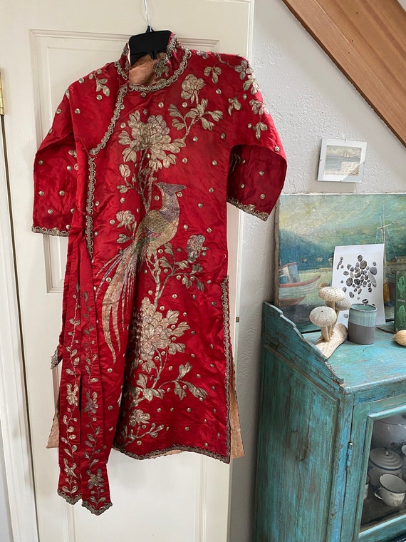 Antique Petite Chinese Red Silk Embroidered Robe M