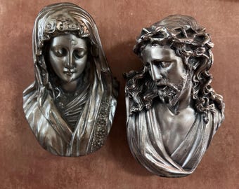 Vintage Pewter relief wall hangings  of Jesus and the Virgin Mary