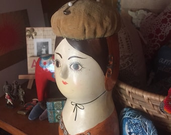 Vintage Chalkware and Paper Mache Gemma Taccogna inspired Pincushion Bust with Velvet